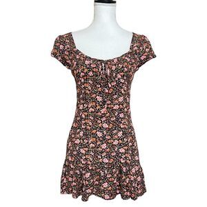 Elodie NWT Mini A Line Dress Sz S Floral Puff Slv Ruffled Tie Front Multicolor